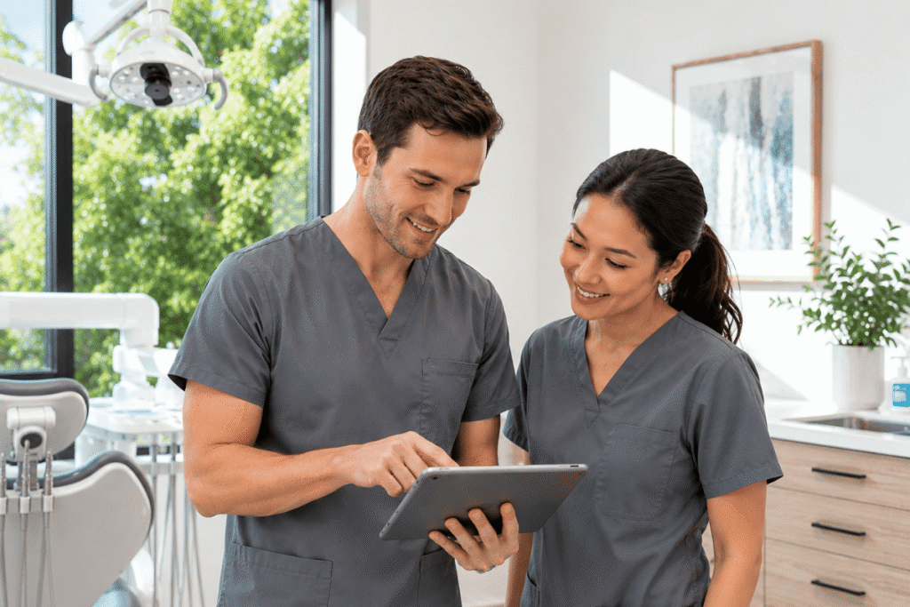 Dental professionals reviewing compliant membership plans on a tablet