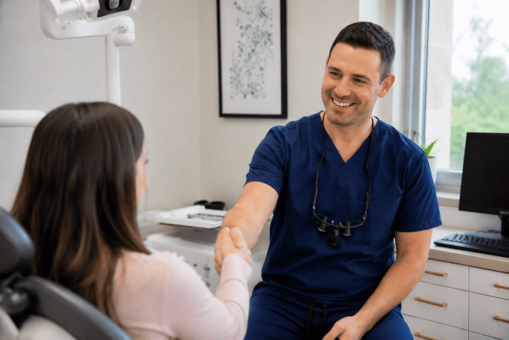 Dentist greeting a patient with a handshake