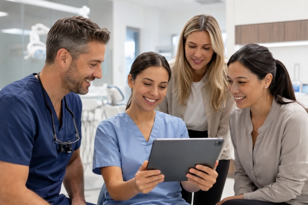 Dental team reviewing analytics on a tablet